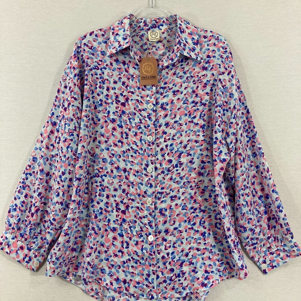 New Grace & Emma size XL‎ Pink Blue Abstract Dot Long Sleeve Button Down
